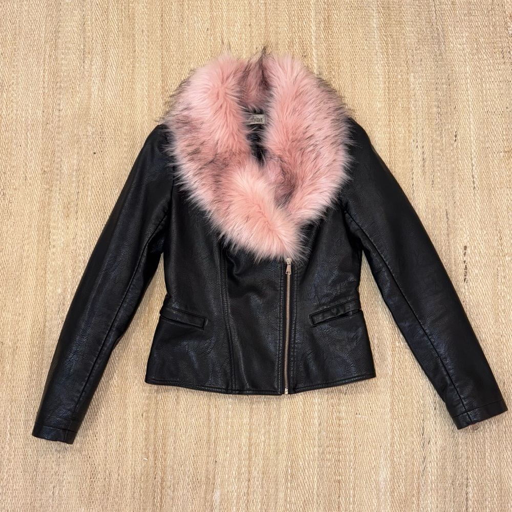 Black Leather Jacket with Pink Faux Fur Collar